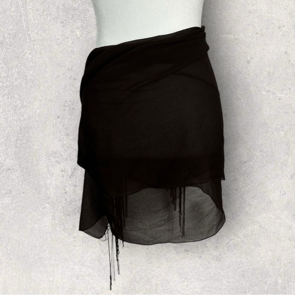 Brown Beaded Fringe Sheer Rectangular Scarf Bohemian Tassel 20" x 36" Wrap Skirt - Picture 5 of 15